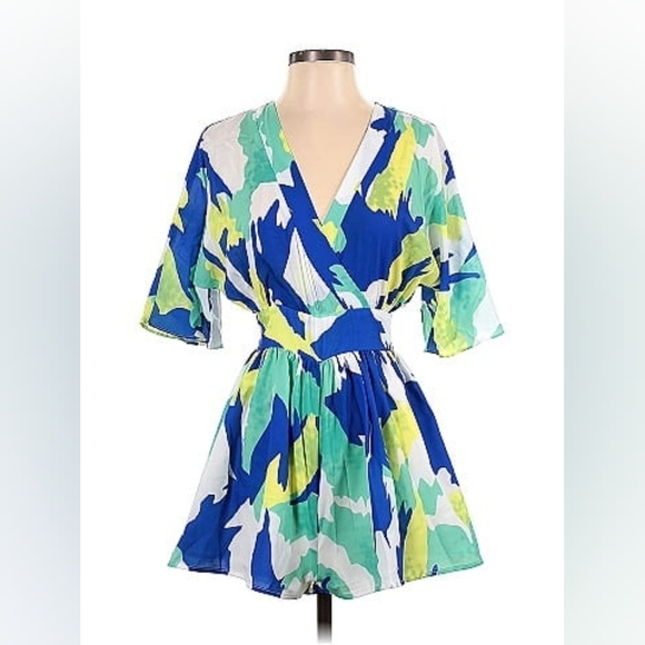 LATISTE Blue Green Tie Waist Short Romper Small - Picture 1 of 17